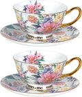KAMMAK Tea Cups and Saucers Set of 2, Porcelain Coffee Cups, Stackable Espresso Mugs, Ceramic Demitasse for Coffee, Cappuccino, Latte, Americano, Tea, Blooming Flowers