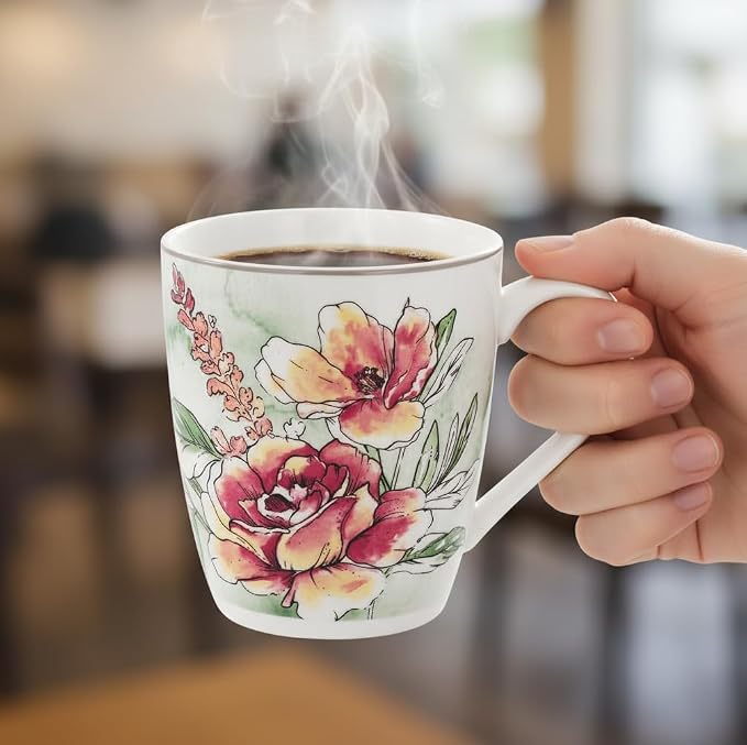 Lorren Home Trends Floral Rose Coffee Mug Set of 4, 12 Oz, Microwave and Dishwasher Safe, Bone China (PINK)