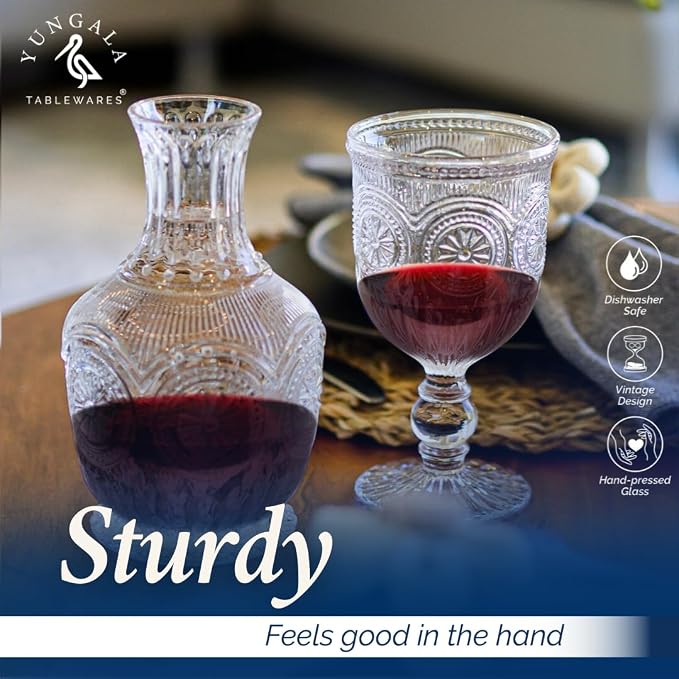 Vintage Wine Glasses,Set of 6 Glass Goblets for Water, Wine or Cocktails - Fancy Wine Glasses with a retro vibe. Sunflower Embossed Design on sturdy dishwasher-safe glasses.