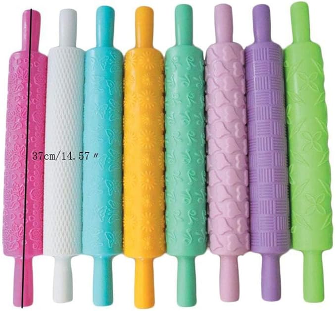 8pcs Colourful Cake Decorating Embossed Rolling Pins,Textured Non-Stick Designs and Patterned,Ideal for Fondant, Pie Crust,Cookie,Pastry,Icing,Clay,Dough