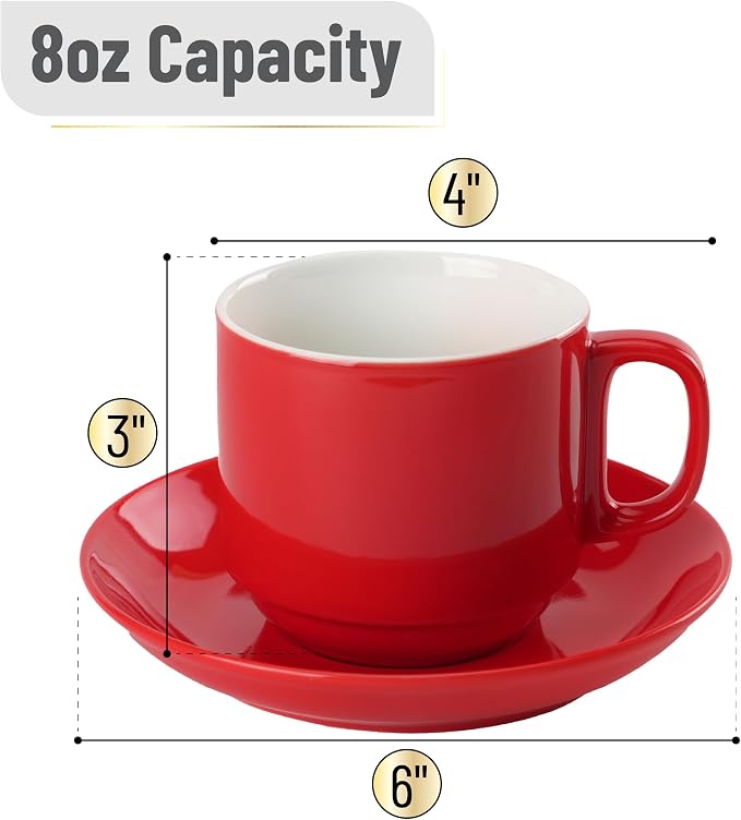 BTaT- Stackable Coffee Cups with Saucers, Set of 6, 8 Ounce, Red, Porcelain Cappuccino Cups for Coffee Drinks, Cappuccino, Latte, Espresso, Americano and Tea, Microwave & Dishwasher Safe