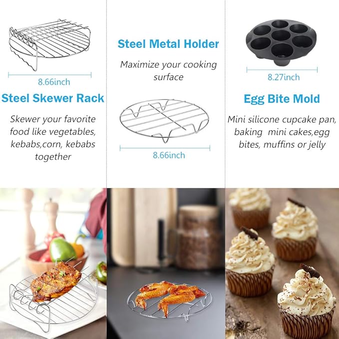 9 Inch Air Fryer Accessories XL 7 PCS with Cupcake Pan, Pizza Pan, Silicone Baking Cup, Recipe Cookbook for 9 Inch 5.3Qt - 6.8Qt and Larger Size Phillips Air Fryer Pressure Cooker Steamer
