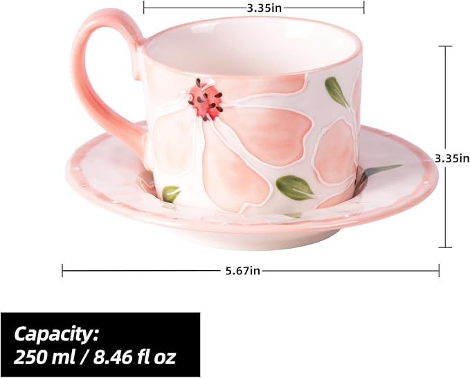 KAMMAK Tea Cups and Saucers Set of 2, Porcelain Coffee Cups, 8.5-Ounce Stackable Espresso Mugs, Ceramic Demitasse for Coffee, Latte, Americano, GX20