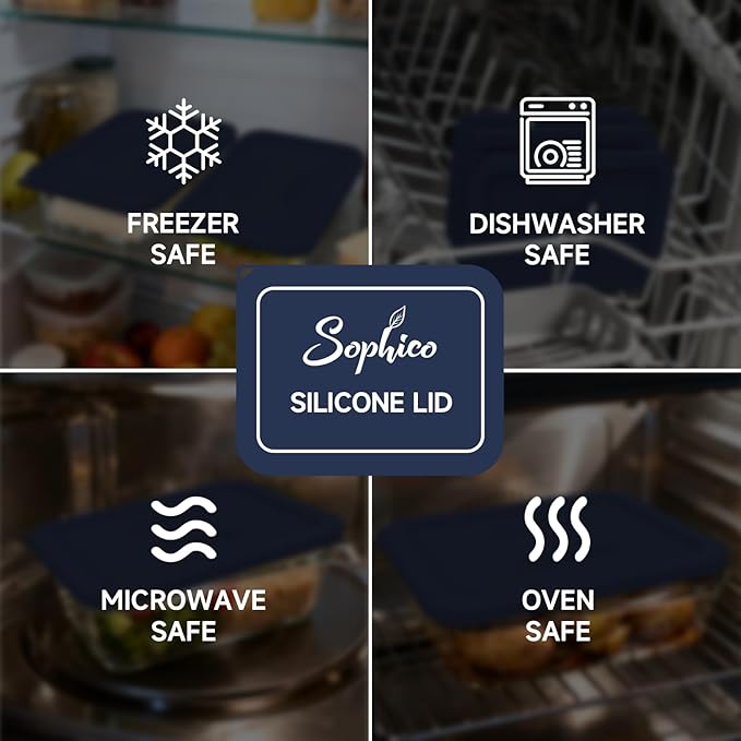 Sophico 3-Pack Silicone Lids for Pyrex Freshlock & SNAPWARE 6/8-Cup Glass Bowls (7211R/8608) - Airtight, Leakproof, Freezer/Dishwasher/Microwave Safe Replacement Rectangle Covers