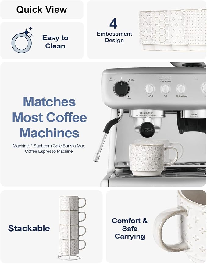 LE TAUCI Stackable Coffee Mugs Set with Stand, Ceramic Espresso Cups for Au Lait, Cappuccino,Latte,Cafe,Mocha,Tea, Suit For Housewarming Wedding- 8 oz, Set of 4,Arctic white