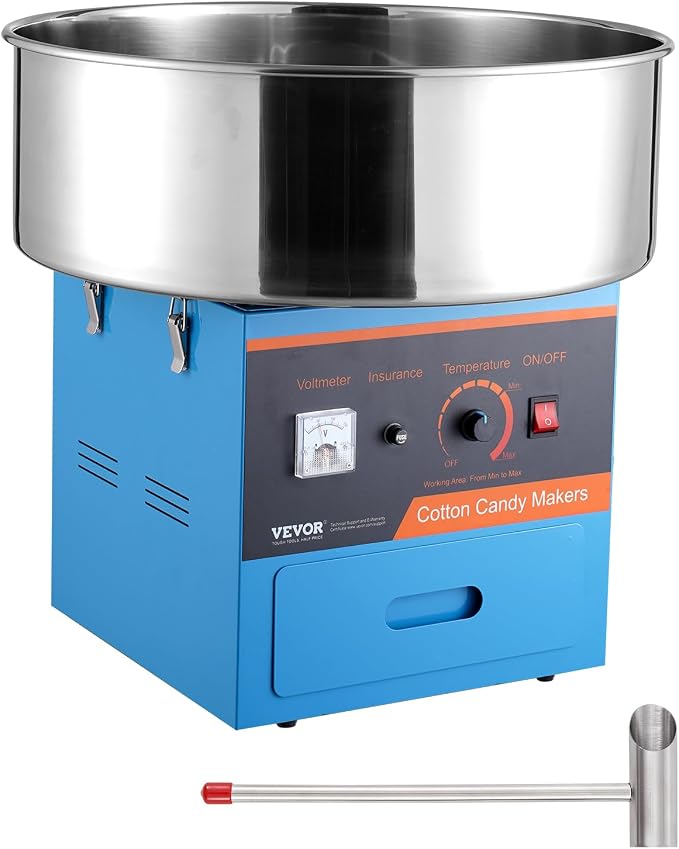 VEVOR Electric Cotton Candy Machine, 1000W Candy Floss Maker, Commercial Cotton Candy Machine with Stainless Steel Bowl, Sugar Scoop, and Drawer, Perfect for Home Kids Birthday, Family Party, Blue