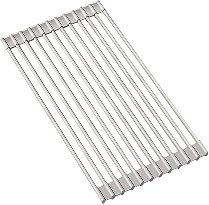 Silicone Non-Slip Dish Drying Rack, Drain Board Over the Kitchen Sink, Roll-Up Dish Rack Drainer, Rust-Resistant Drain Board(Grey,12 Short rods)