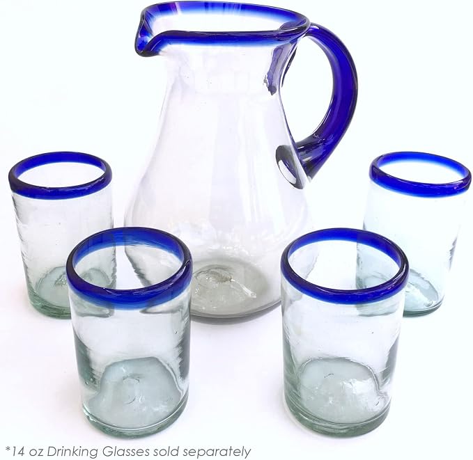 Cobalt Blue Rim 84 oz Tall Pear Pitcher, Recycled Glass, Lead-free, Toxin-Free (Pitcher)