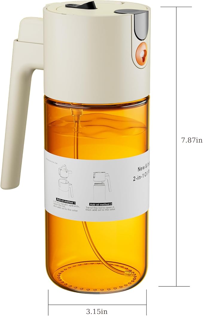 LAKUMIQI 2 in 1 Oil Sprayer for Cooking, 17oz Light-Blocking Glass Spray Bottle with Stickers, Oil Dispenser for Salad, Air Fryer & BBQ
