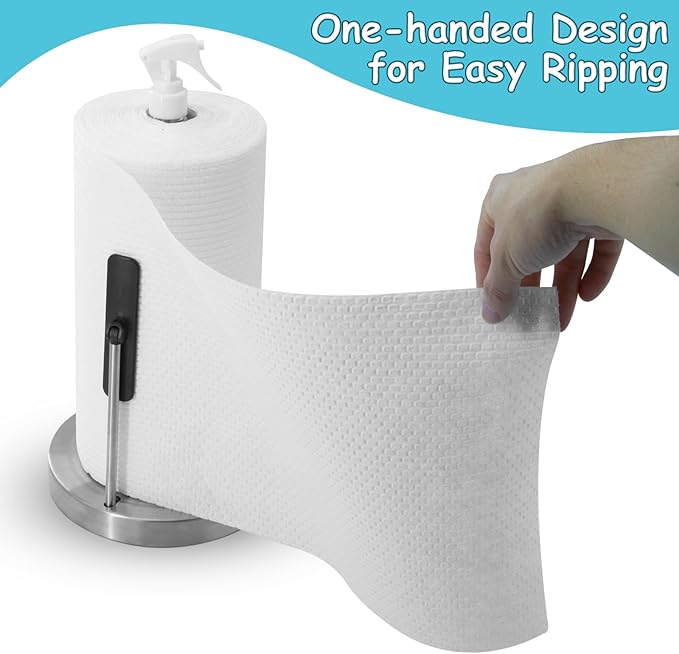 Paper Towel Holder with Spray Bottle, Countertop Kitchen Paper Towel Dispenser, Featuring Spring Arm and Weighted Base for One-Handed Operation (Brushed Nickel)