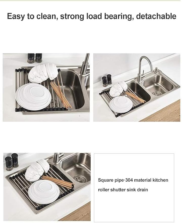 Roll Up Dish Drying Rack Over The Sink Dish Drying Rack Made of Stainless Steel and Silicone Coat Fruit and Vegetable Drying，for Kitchen Sink(40 * 33cm/15.8 * 13inch)