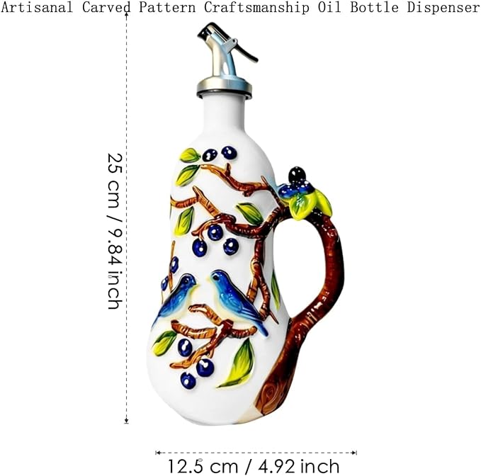 Hand-Painted Ceramic Relief Olive Oil Bottle Dispenser, with Handle Decorative Olive Oil Dispenser Bottle, Kitchen Ceramic Oil Vinegar Bottle Seasoning Bottle with Stainless Steel Spout & Funnel