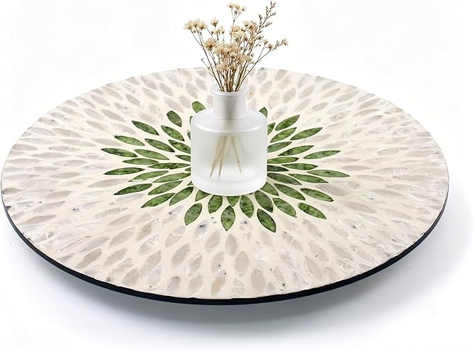 13.4" Mother of Pearl Lazy Susan, Table Centerpiece Round Shell Decorative Lazy Susan Turntable Rotating Tray Organizer for Cabinet Counter Gift Kitchen Office Cafe Home Decor (White Green)