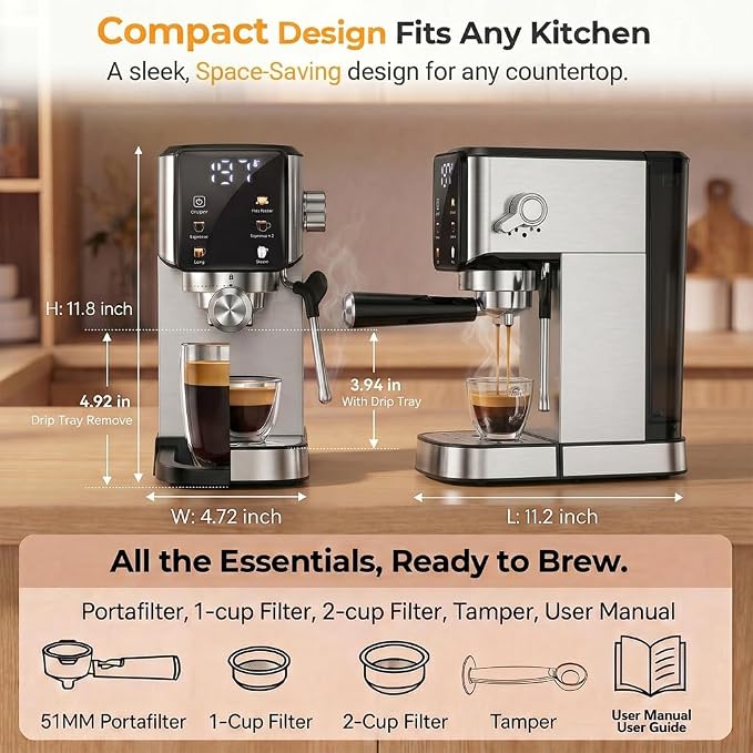 Espresso Machine 20 Bar, 1350W Expresso Coffee Machines with Milk Frother,Stainless Steel Espresso Maker with 39oz Removable Water Tank for Cappuccino, Latte(Silver)