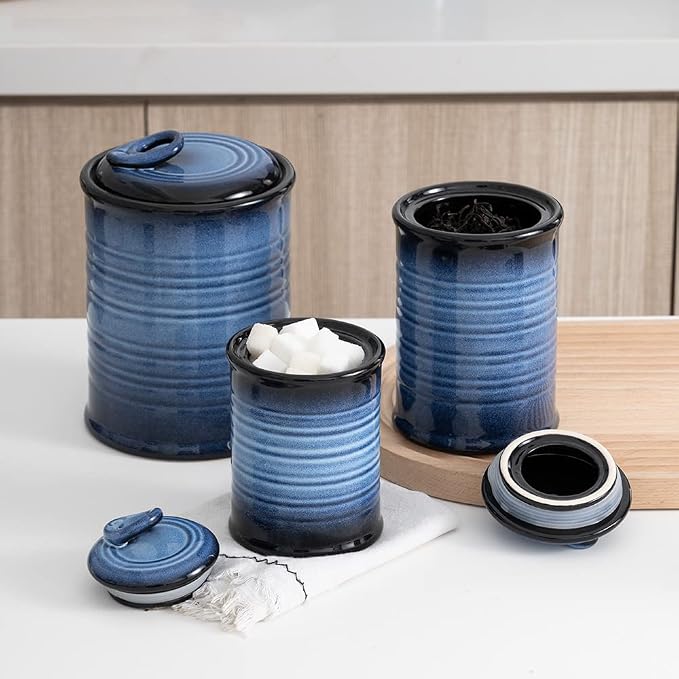 Nihow Food Storage Jar,Ceramic Canister Sets for The Kitchen,Set of 3,Blue | Air Tight Lid,Seal Damp-proof,For Flour/Sugar/Rice/Coffee/Cookies/Candy,Kitchen Counter Canister/Dishwasher Safe