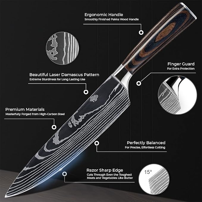SENKEN 8-piece Premium Japanese Kitchen Knife Set with Laser Damascus Pattern - Imperial Collection - Chef's Knife, Santoku, Bread, Paring & More, Ultra Sharp for Very Fast Cutting