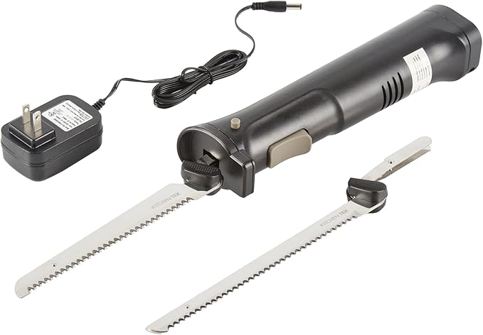 Restaurantware-Kitchen Tek Electric Knife Set, 1 Electric Knife With Motorized Handle - Includes 1 Bread And 1 Carving Tool, Ergonomic, Black Plastic Food Cutter With Stainless Steel Blades