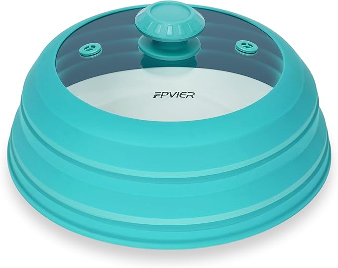 Microwave Splatter cover, Glass Microwave Cover for Food, 11.8 inch Guard Lid with Collapsible Silicone for 6-11 inch Plates & Bowls, Dishwasher Safe, 450°F Heat Resistant, BPA-Free, Blue