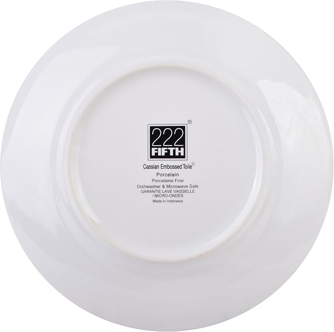 222 Fifth 12-Piece Porcelain Dinnerware Set for 4, White & Blue Plates and Bowls Set, Glossy Ceramic Dish Set with Embossed Toile Pattern, Elegant Kitchen Dishes, Microwave & Dishwasher Safe, Cassian