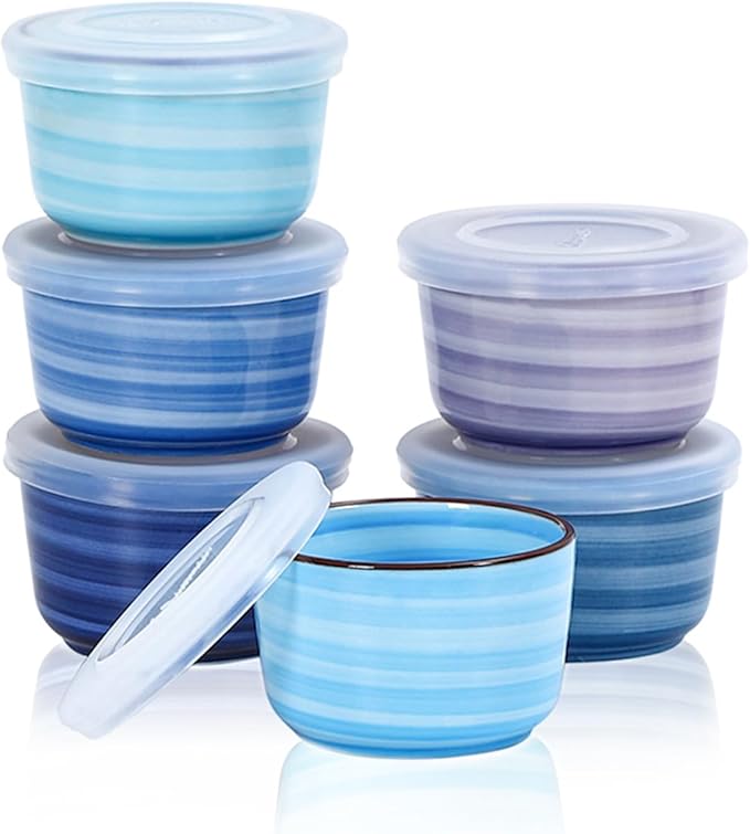 Selamica 4 oz Ramekins with Lids Oven Safe, Creme Brulee Souffle Dishes Ramekins with Covers, Porcelain Custard Cups for Baking, Stackable Mini Ramekin Bowls for Pudding Dip Sauces, Set of 6, Gradient Blue