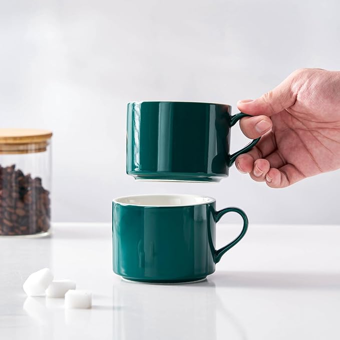 10oz Porcelain Stackable Coffee Mugs and Metal Stand Set of 4, Espresso Cups Set for Hot Drinks, Cappuccino, Tea-Green