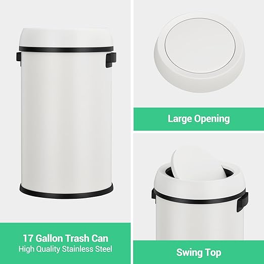 Garvee 17 gal/65 L Trash Can, Fingerprint-Proof Stainless Steel Swing Top Garbage Can, Heavy Duty Commercial Round Trash Bin with Swing Lid for Restaurant, Home, Office,White
