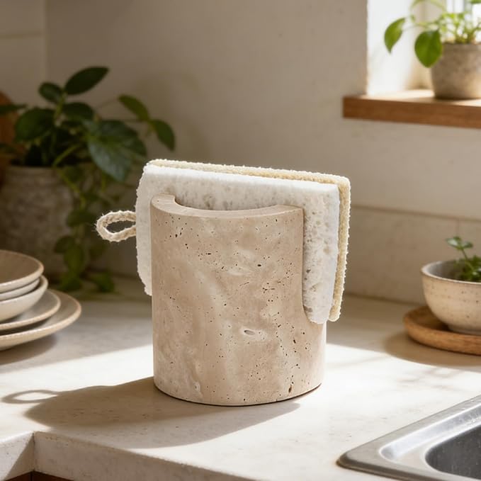 Natural Travertine Sponge Holder for Kitchen Sink Counter w A Plant-Based Kitchen Sponge, Fast Drying, Durable, Compact, Wabi-Sabi & Unique Sponge Caddy, Sink Organizer, Beige Travertine Home Decor