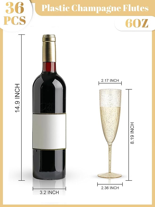 WDF 36-Pack Plastic Champagne Flutes - Gold Glitter Champagne Glasses Disposable - Perfect for Wedding/Birthday/Bridal Shower/Baby Shower/Graduation