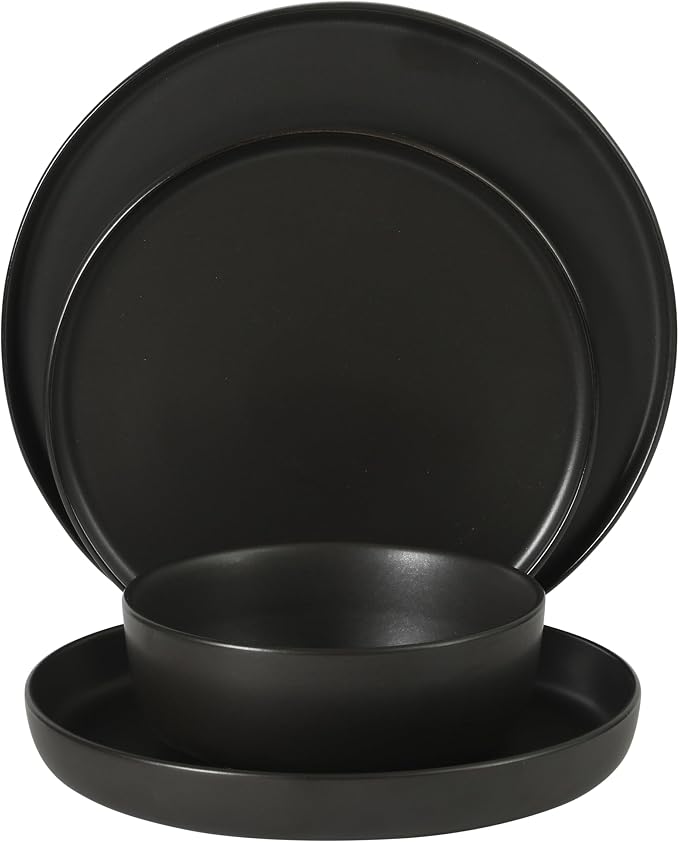 Gibson Elite Bayou Moon Plates and Bowls Sets, 16-Piece Black Matte Stoneware Dinnerware Sets, Solid Color Reactive Glaze Dish Set