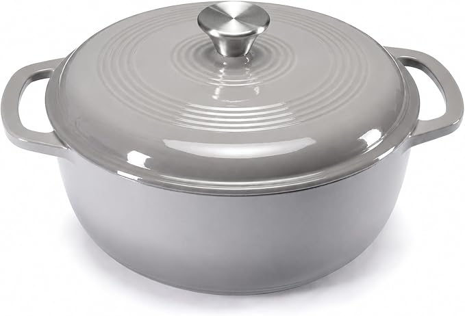 DUMOS Cast Iron Dutch Oven, 6 Quart Pot with Lid, Enameled Heavy Duty Cookware, Oven Safe to 500°F, Perfect for Bread Baking, Braising, Stews and Roasting, Moisture Sealing Lid with Dual Handles, Grey