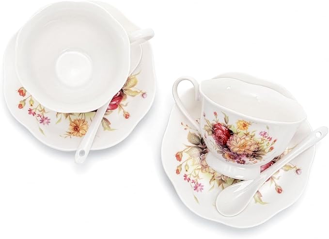 Foraineam Floral Tea Cup with Saucers and Spoons Set of 6 - Coffee Cups and Saucers with Gold Trim - 6 oz Porcelain Ivory Latte Cup and Espresso Mug for Coffee Drinks and Tea