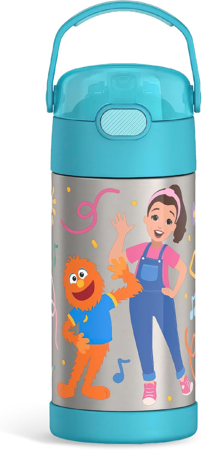 THERMOS FUNTAINER Water Bottle with Straw - 12 Ounce - Kids Stainless Steel Vacuum Insulated Water Bottle with Lid, Ms. Rachel
