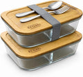 Glass Meal Prep Containers 3 Compartment with Bamboo Lids (2 Pack), Bento Box Lunch Container, Portion Control Food Storage, Borosilicate Glass, Microwave Safe (Base), Eco-Friendly