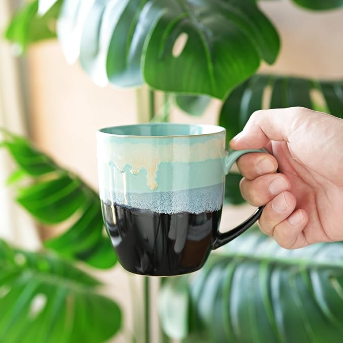 Bosmarlin Ceramic Coffee Mug Set of 4, 17 Oz, Coffee Cups with Big Handle, Microwave Safe, Unique Reactive Glaze(17 Oz, Pastel Blue)