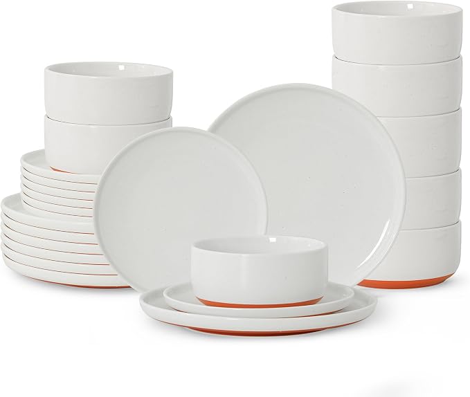 24 Piece Dinnerware Set, Dual Glaze Stoneware Plates and Bowls Sets, Modern Dinner Plate, Salad Plate, Cereal Bowl, Dish Set for 8, Microwave and Dishwasher Safe, Stardust Glaze White