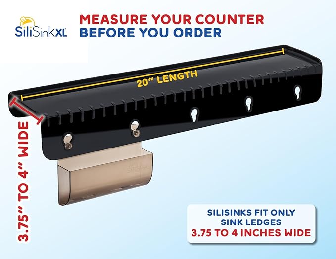SiliProducts SiliSink XL Silicone Edge Guard for Kitchen Sink - Fits 3.75” - 4” Wide - The Original Silicone Sink Edge Protector with Sponge Caddy - Splash Guard, 20” Black Diamond