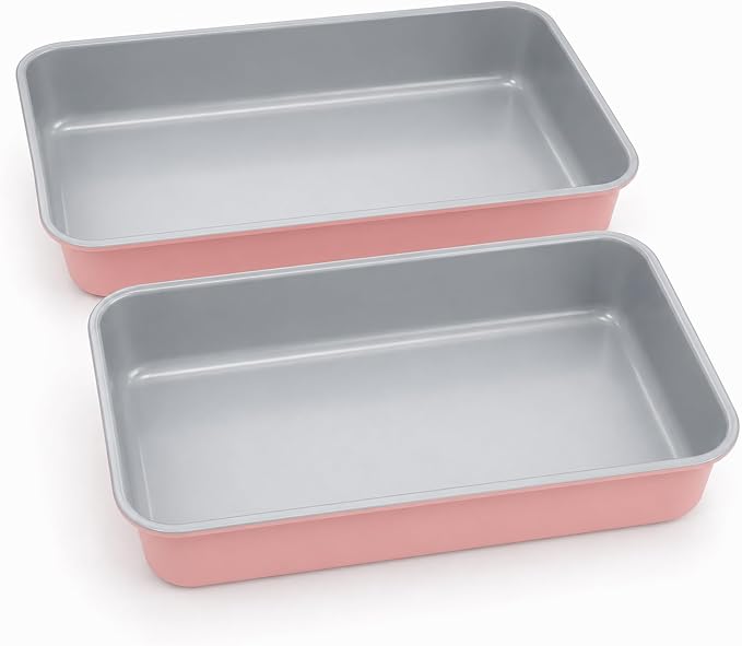 9x13 Inch Baking Pan 2 Pack, Heavy Duty Carbon Steel Lasagna Pan, 2.5 Inch Deep Nonstick Rectangular Cake Pans for Brownies, Casserole & Roasting, Pink Exterior with Gray Interior