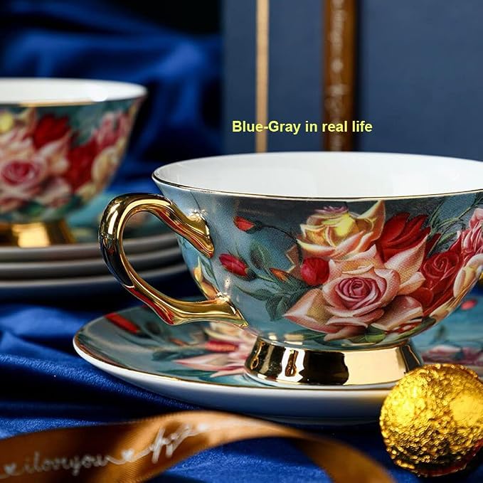 YBK Tech Euro Style Bone China Cup& Saucer Set, Ceramic Tea Coffee Cup for Home Kitchen Wedding (Vintage Rose Pattern)