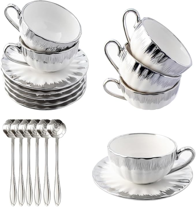 CHANJOON 6 Teacups Tea Tray Spoon Set, 6oz with Galvanized Gold Rim and Gift Box, Ceramic White English Coffee Teacup (silver, medium)