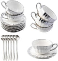 CHANJOON 6 Teacups Tea Tray Spoon Set, 6oz with Galvanized Gold Rim and Gift Box, Ceramic White English Coffee Teacup (silver, medium)