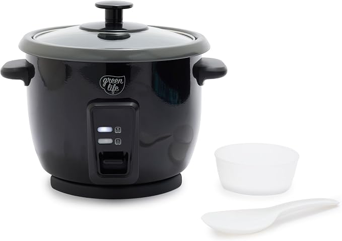 GreenLife Rice Cooker with Removable PFAS-Free Ceramic Nonstick Pot, 3-Cups Uncooked/6-Cups Cooked, Grains & Oatmeal Multicooker, Compact One-Switch Design, Auto Keep Warm, Easy Clean, Black
