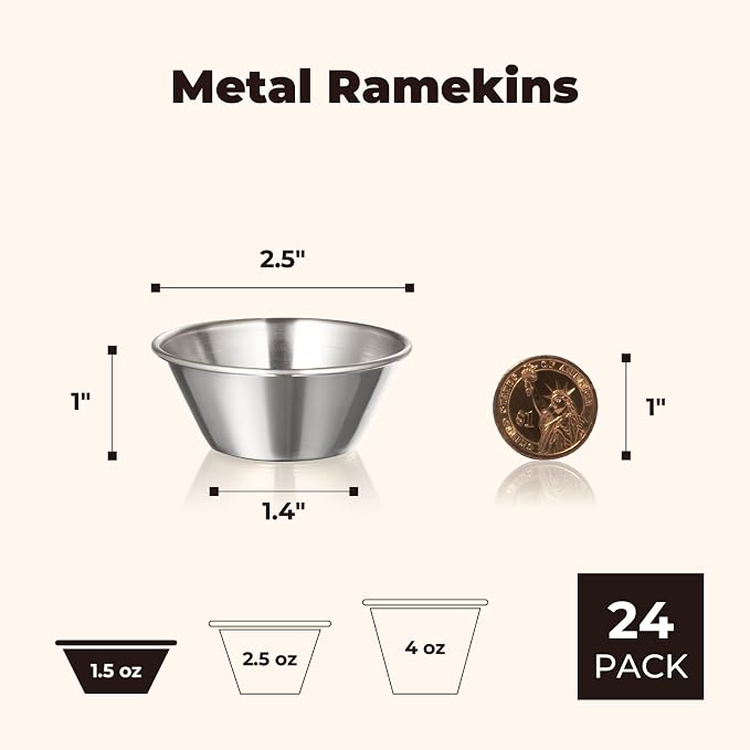 Fit Meal Prep [24 Pack 1.5 oz Stainless Steel Dipping Sauce Cups, Reusable Metal Ramekins, Commercial Grade Condiment Bowls, Individual Portion Cups, Small Round Au Jus Cup for Home, Restaurant