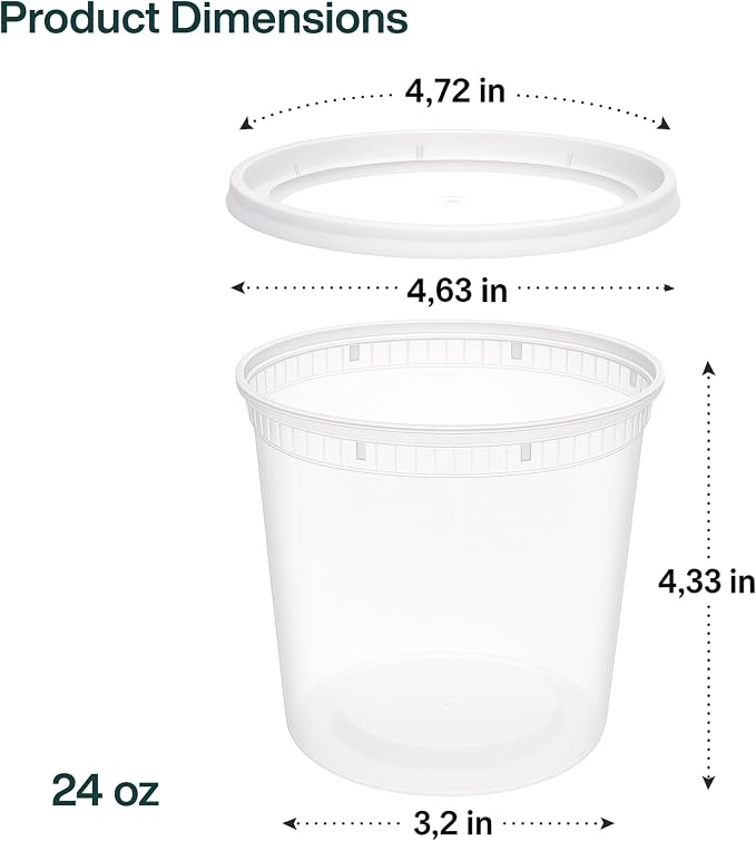 24oz [24 set] Heavy Duty Plastic Deli Container | BPA-Free Food Storage with Airtight Leak‑Proof Lids | Microwave, Freezer & Dishwasher Safe – Stackable, Bulk Reusable Soup & Meal Prep Tub