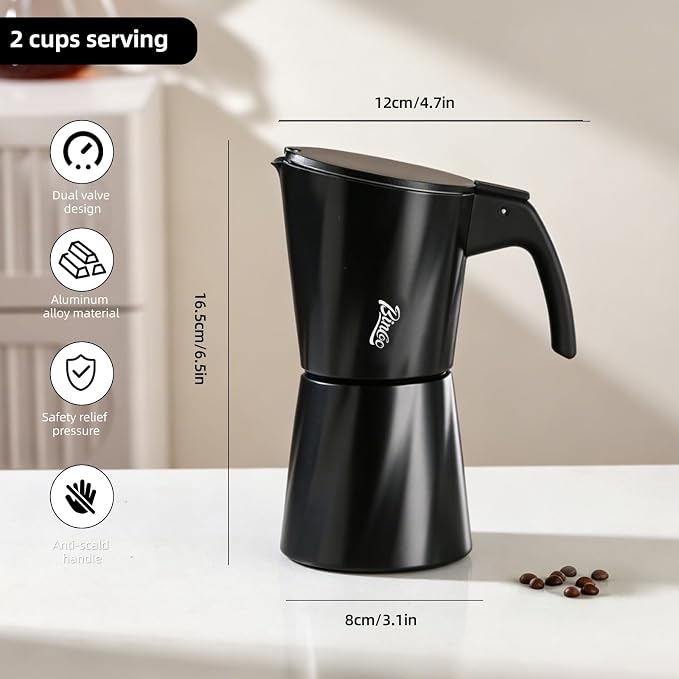 Bincoo Moka Pot 2 Cup，Espresso Maker Stove Top，Italian Coffee Maker，Mocha Pots，Stovetop Espresso Maker，Espresso Stove Top Coffee Maker，Mokapot Greca Coffee Maker Mocha Pot（Black