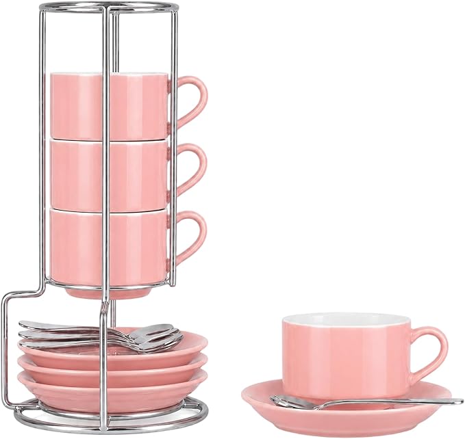 3 Ounce Espresso Cups Set of 4, Stackable Demitasse Mugs, Includes Display Stand, Cups Saucers, and Spoons, for Machines & Home Use, Pink, Silver Tone