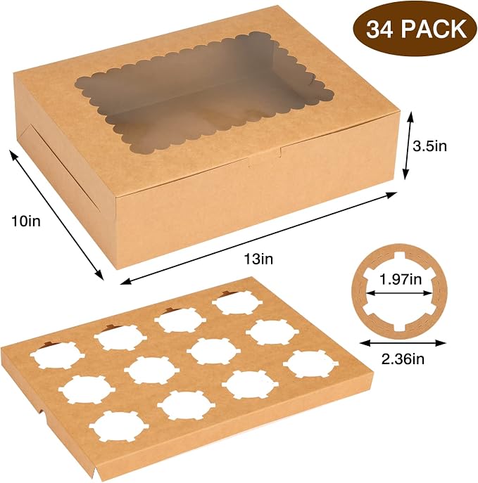 Moretoes 34 Sets Cupcake Boxes, Hold 12 Count Cupcake Containers, Brown Containers with Window and Inserts, 13 x 10 x 3.5 Inches Kraft Bakery Carrier Boxes for Birthday Holiday Party Bakery Supplies