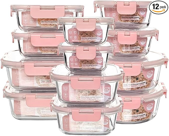 12 Pack Glass Storage Containers Transparent, Stackable Design Meal Prep Containers for Food Storage, Home, Kitchen & Pantry Organization, Microwave/Freezer/Dishwasher Safe