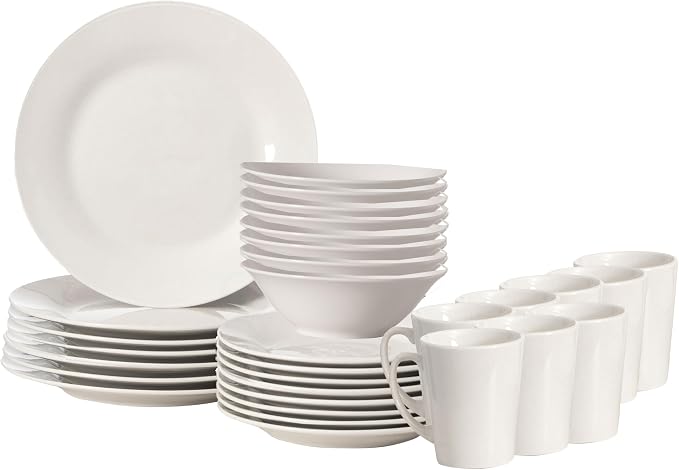 Rimmed Dinnerware Set | Mugs, Salad and Dinner Plates and Bowls Sets, Dishes with Highly Chip and Crack Resistant, Dishwasher and Microwave Safe (White, Service For 8)
