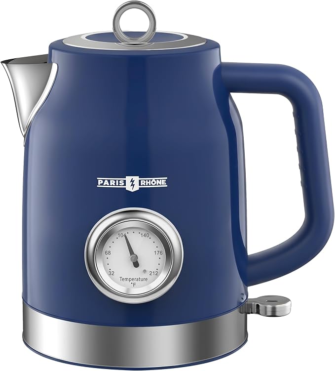 PARIS RHÔNE Retro Stainless Steel Electric Kettle, 1.7L Cordless Hot Water Tea Kettle with Thermometer, 1500W Fast Heating, LED Indicator, Auto Shut-Off & Boil Dry Protection