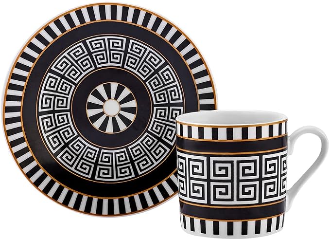 KARACA Helenistic Turkish Small Coffee Cups Set for 6, 12 Piece Porcelain Espresso Cups with Saucers, 80ML Demitasse Coffee Set, Black, Modern Elegant Design for Home & Gift